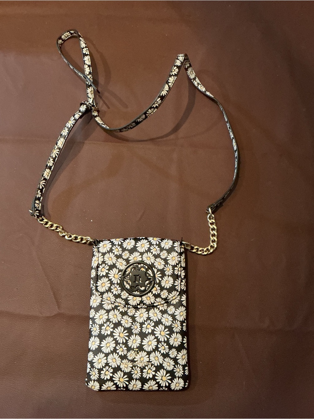 Black Daisy Print Crossbody Satchel with Gold Hardware